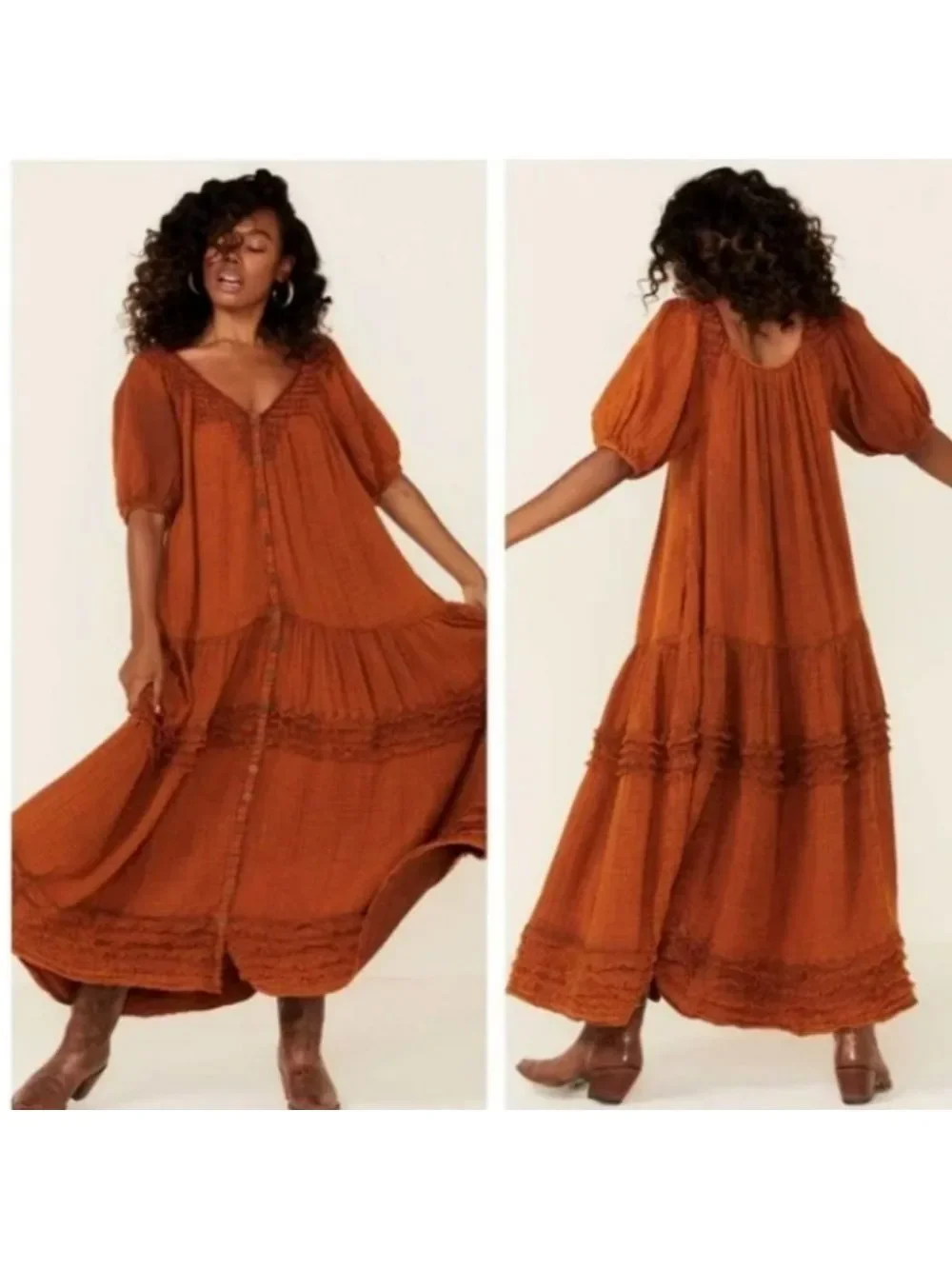 Free People XS Sunday Stroll Smocked Ruffle Boho Oversized Maxi Dress
